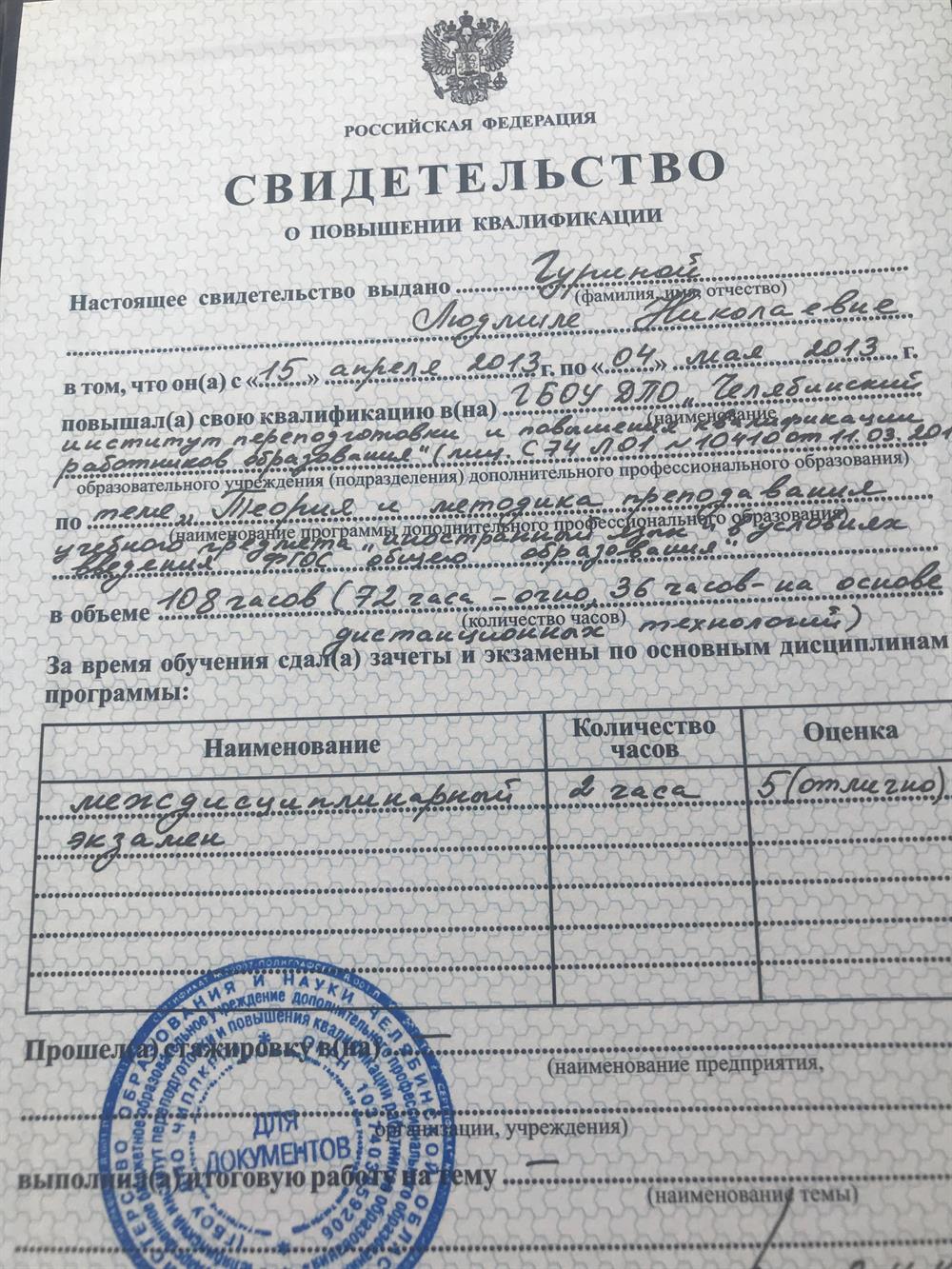 Свидетельство о повышении квалификации