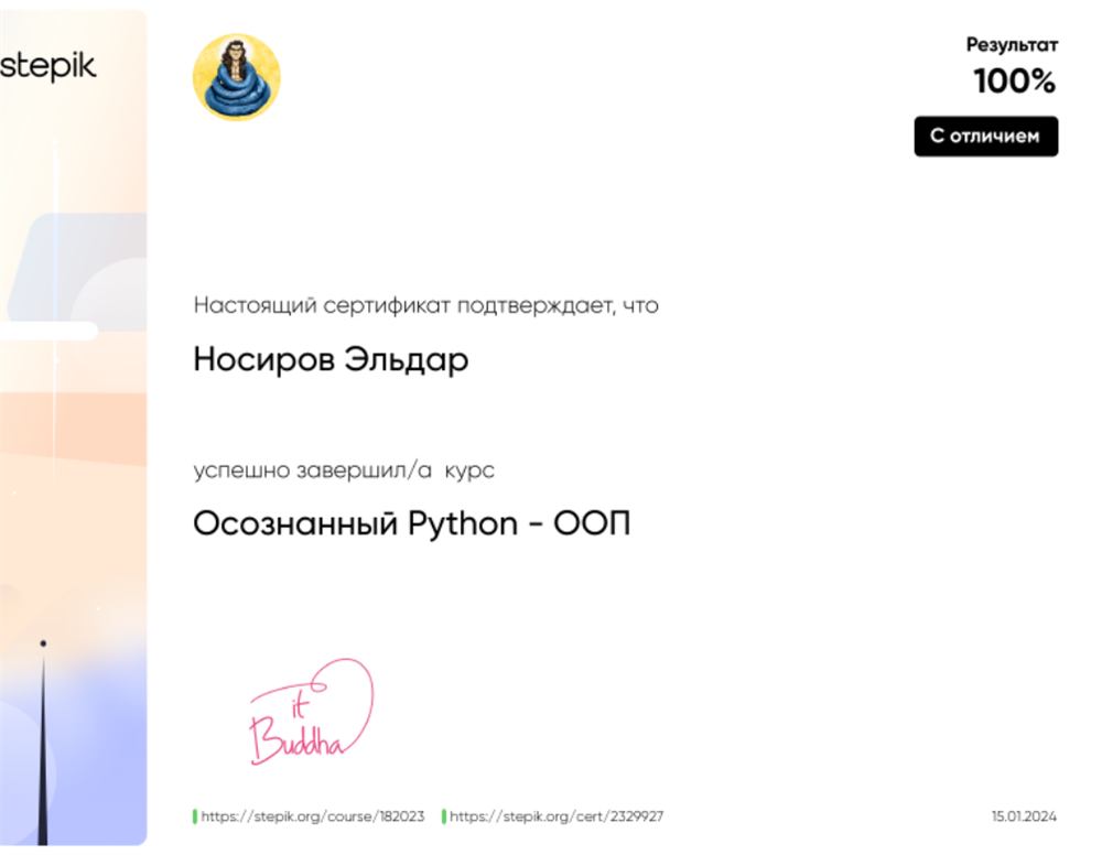 Сертификат ООП Python с Отличием