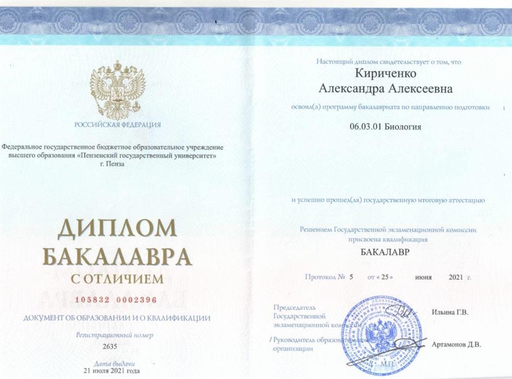 Диплом бакалавра биологии с отличием