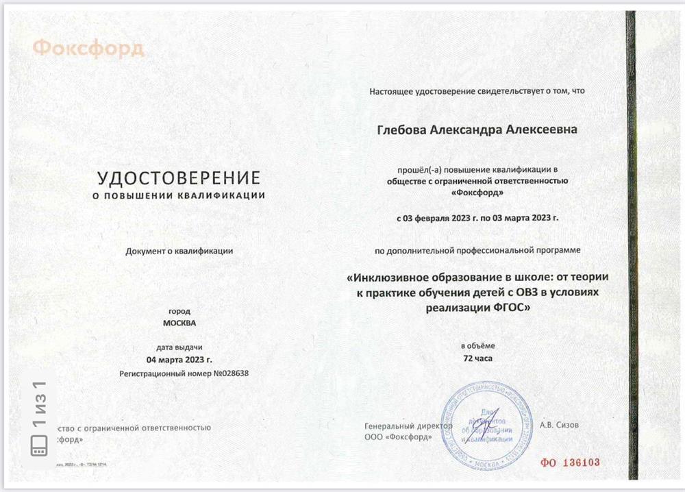 Удостоверение о повышении квалификации ОВЗ