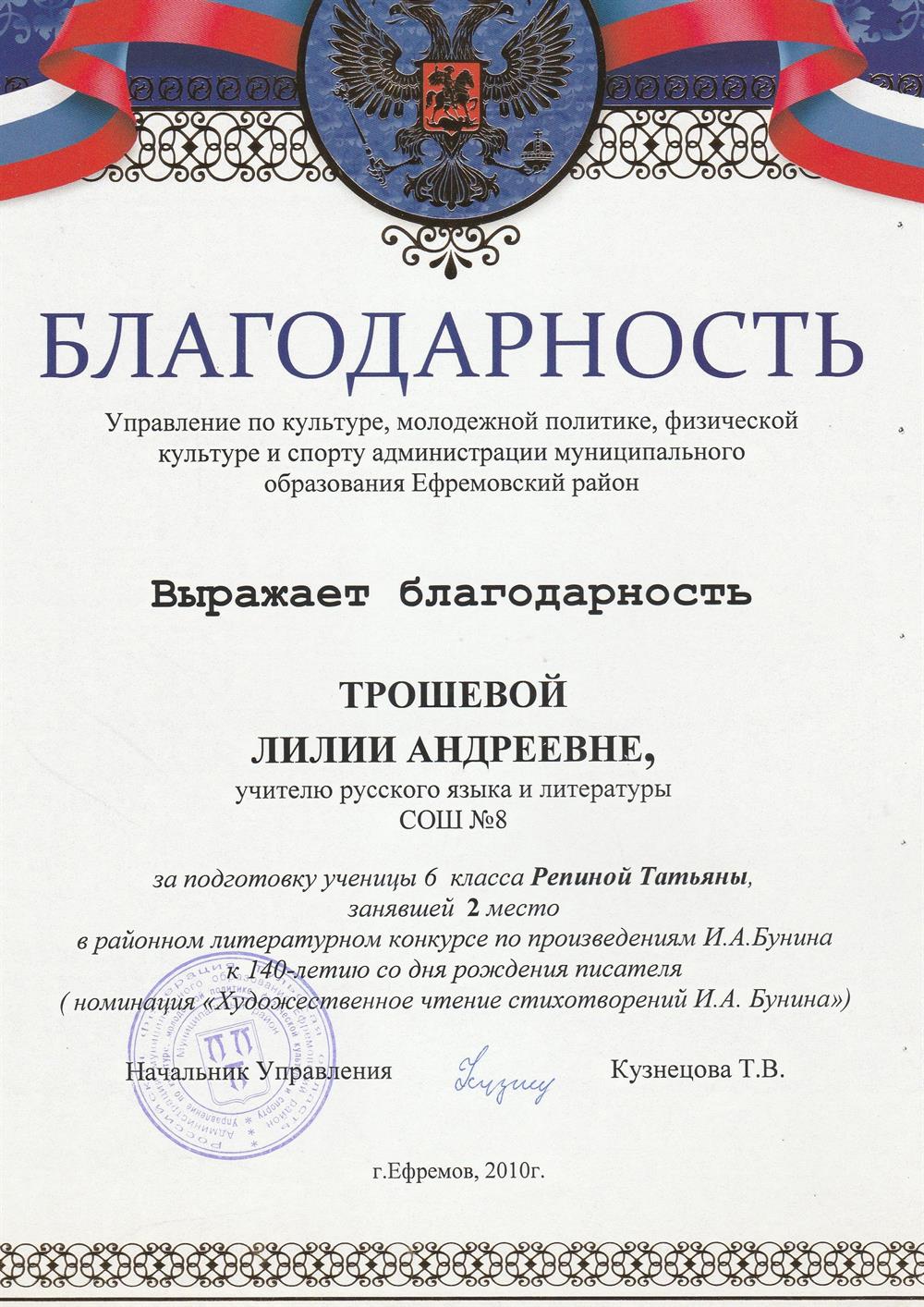 Благодарность управления по культуре и молодёжной политике