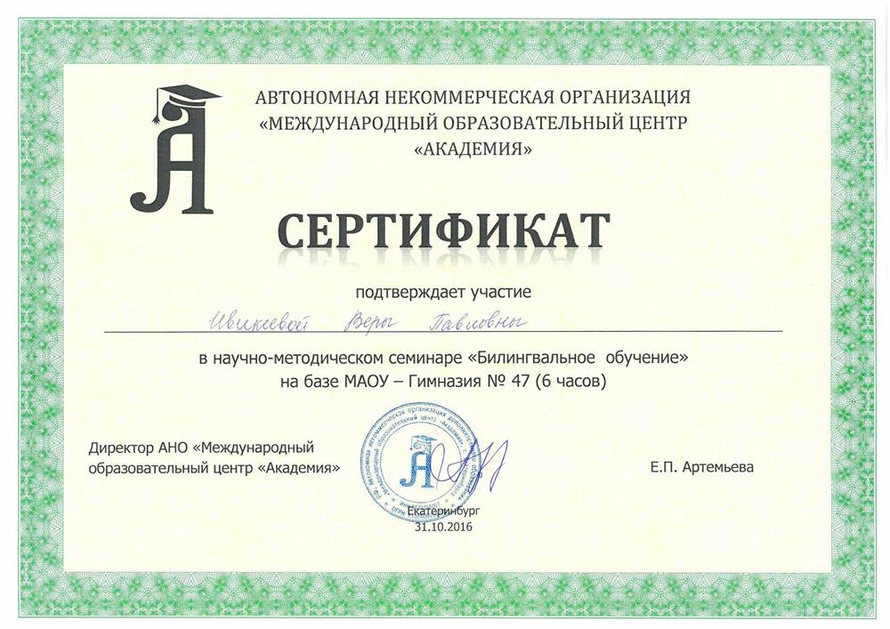 Сертификат участника научно-методического семинара "Билингвальное обучение" 