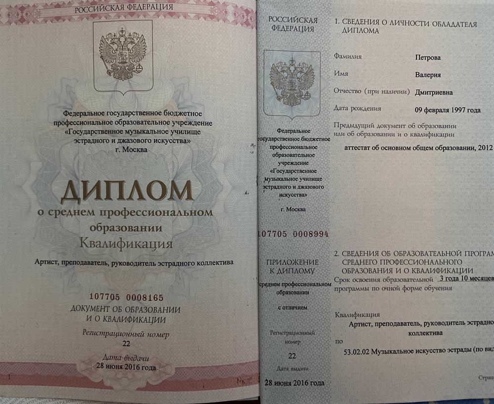 Диплом о среднем профессиональном образовании с отличием. Музыкальное искусство 