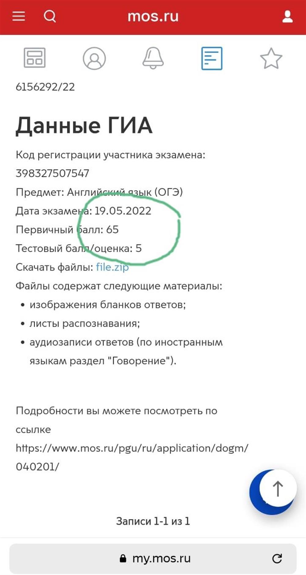 Результаты ОГЭ (65 баллов из 68)