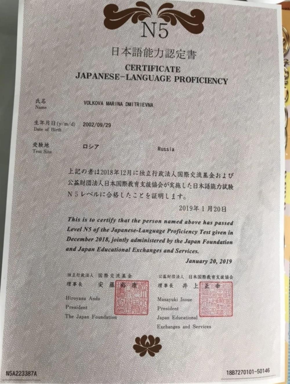 Сертификат JLPT