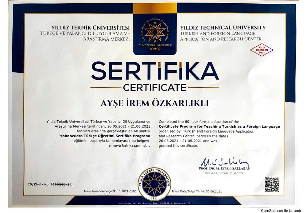 Сертификатная программа по преподаванию турецкого языка как иностранного, проведенная при Техническом Университете Йылдыз (Y?ld?z Teknik Universitesi) в сотрудничестве с ТОМЕР (TOMER).
