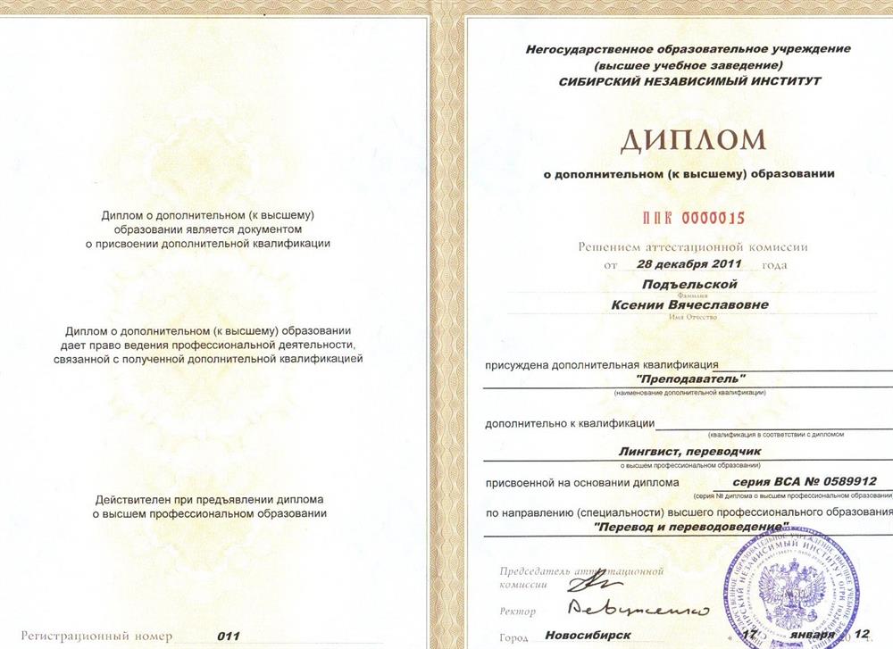Диплом по специальности "Преподаватель"