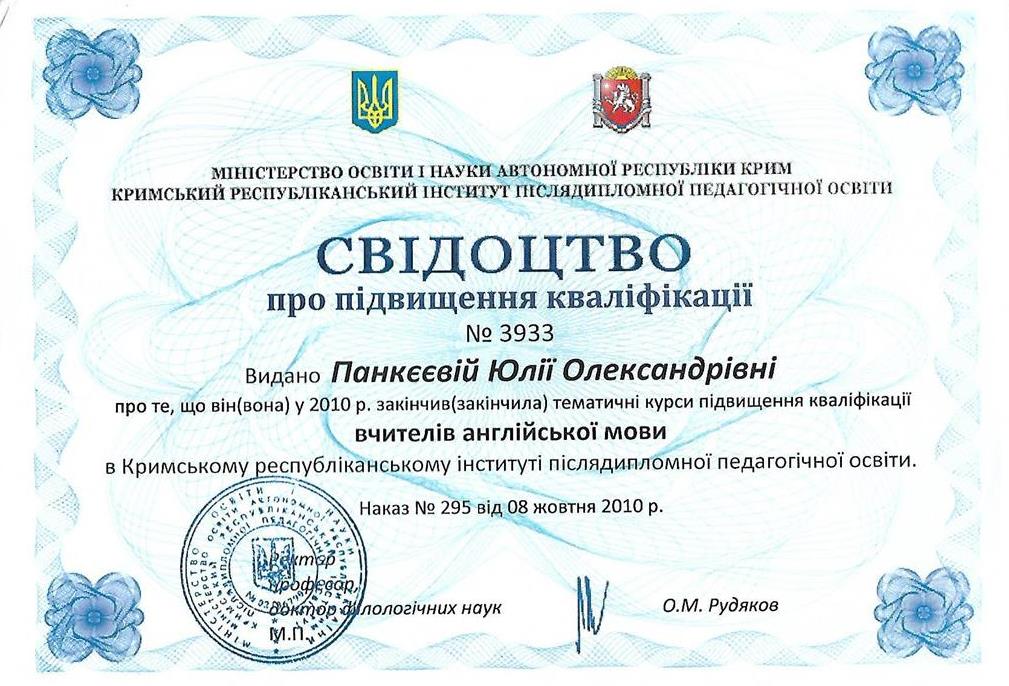Свидетельство о повышении квалификации