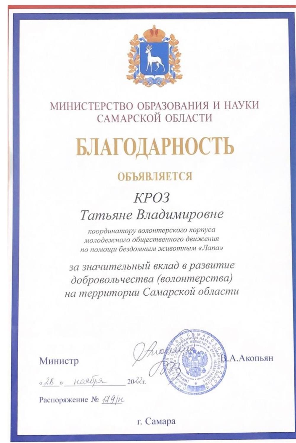 Благодарность министерства образовании и науки Самарской области 