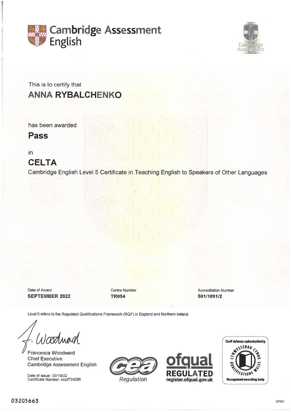 CELTA Cambridge certificate