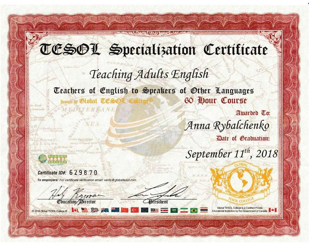 TESOL (specialisation: Teaching Adults English)