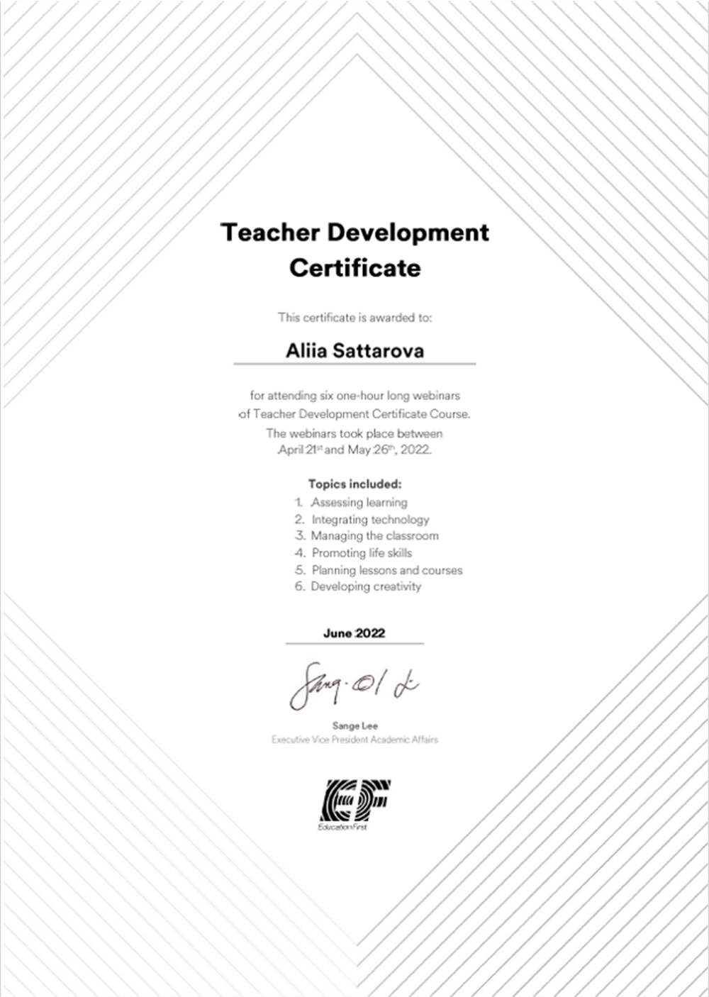 Сертификат об участии в онлайн вебинарах по преподаванию английского от EF 