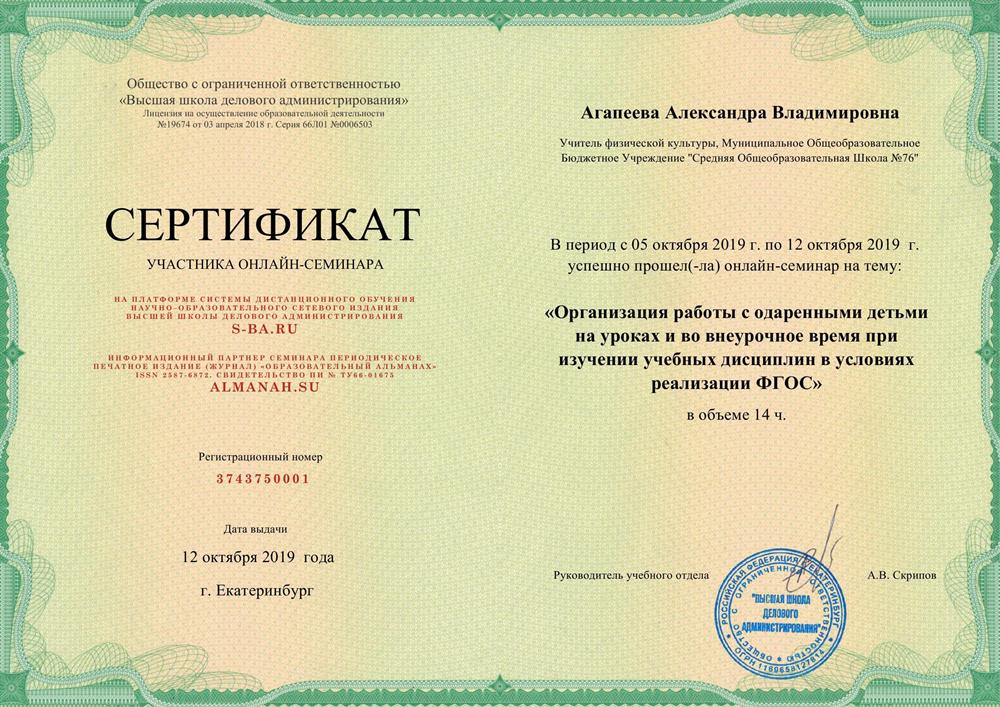 Сертификат. Организация работы с одаренными детьми на уроках и во внеурочное время при изучении дисциплин в условиях реализации ФГОС