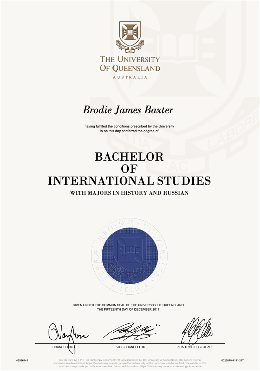 Диплом. Bachelor of International Studies in History and Russian