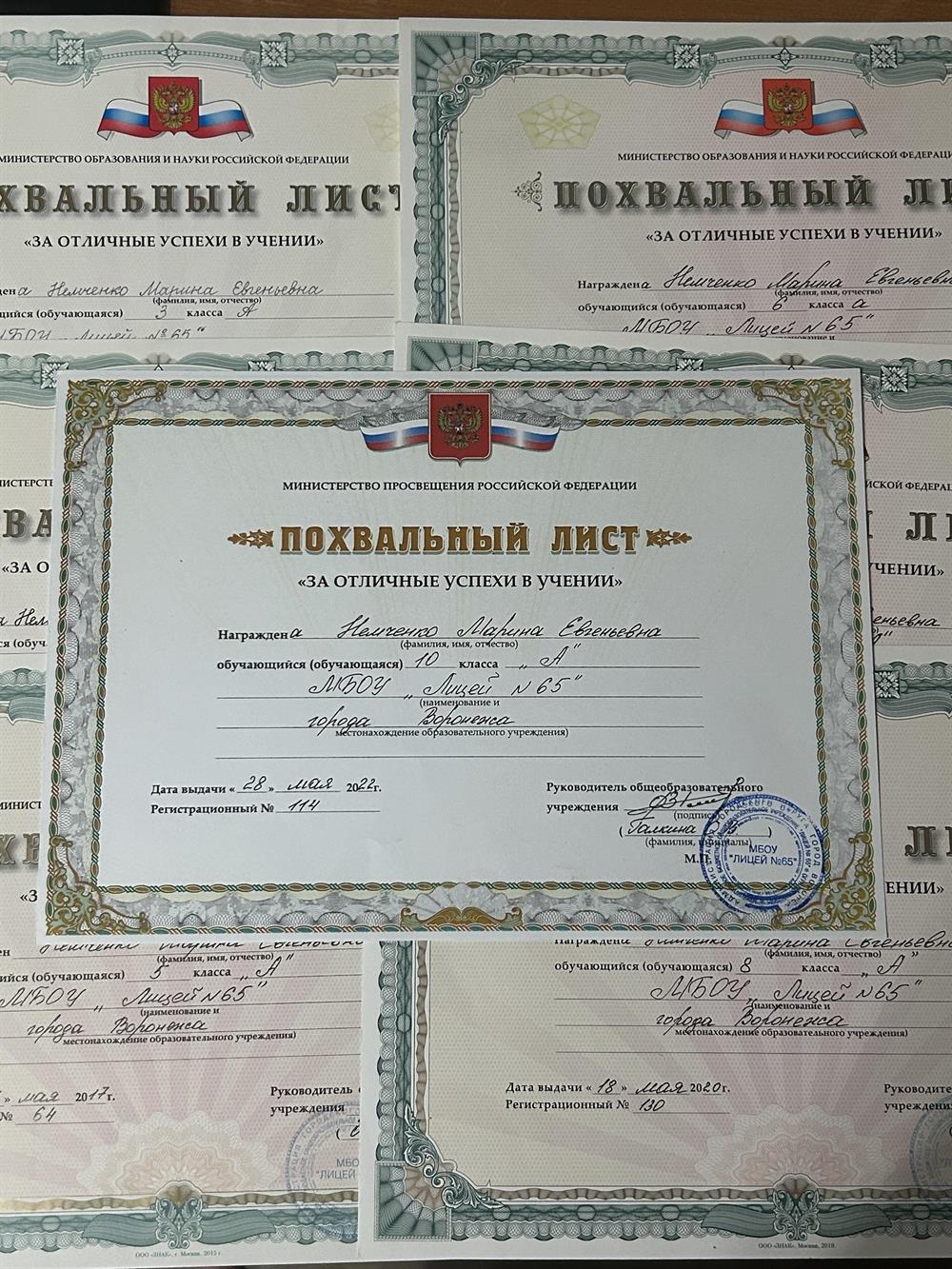 Похвальные листы за каждый год обучения 