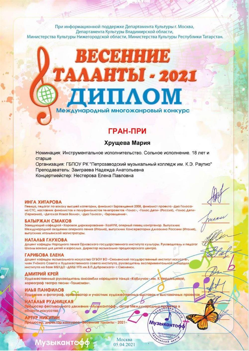 Диплом 2021 "Весенние таланты" 2021