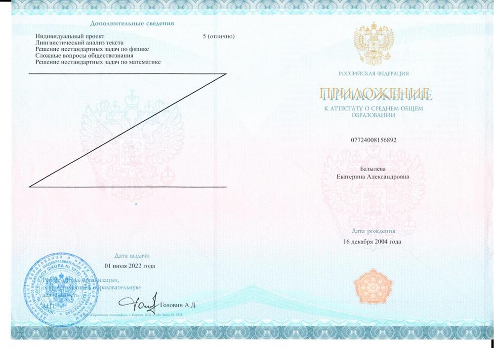 Приложение к аттестату о среднем общем образовании