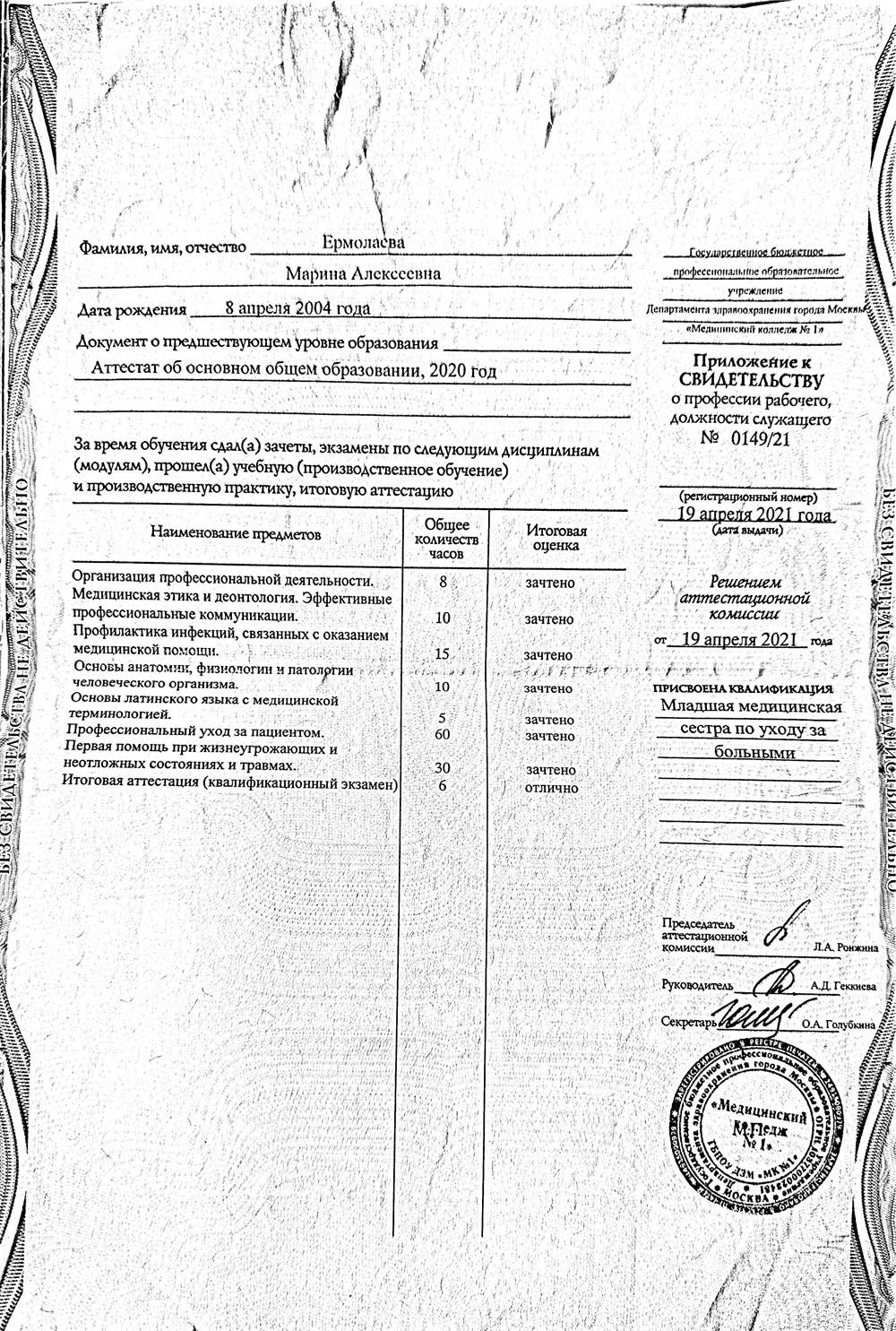 Приложение к свидетельству о профессии рабочего, должности служащего 