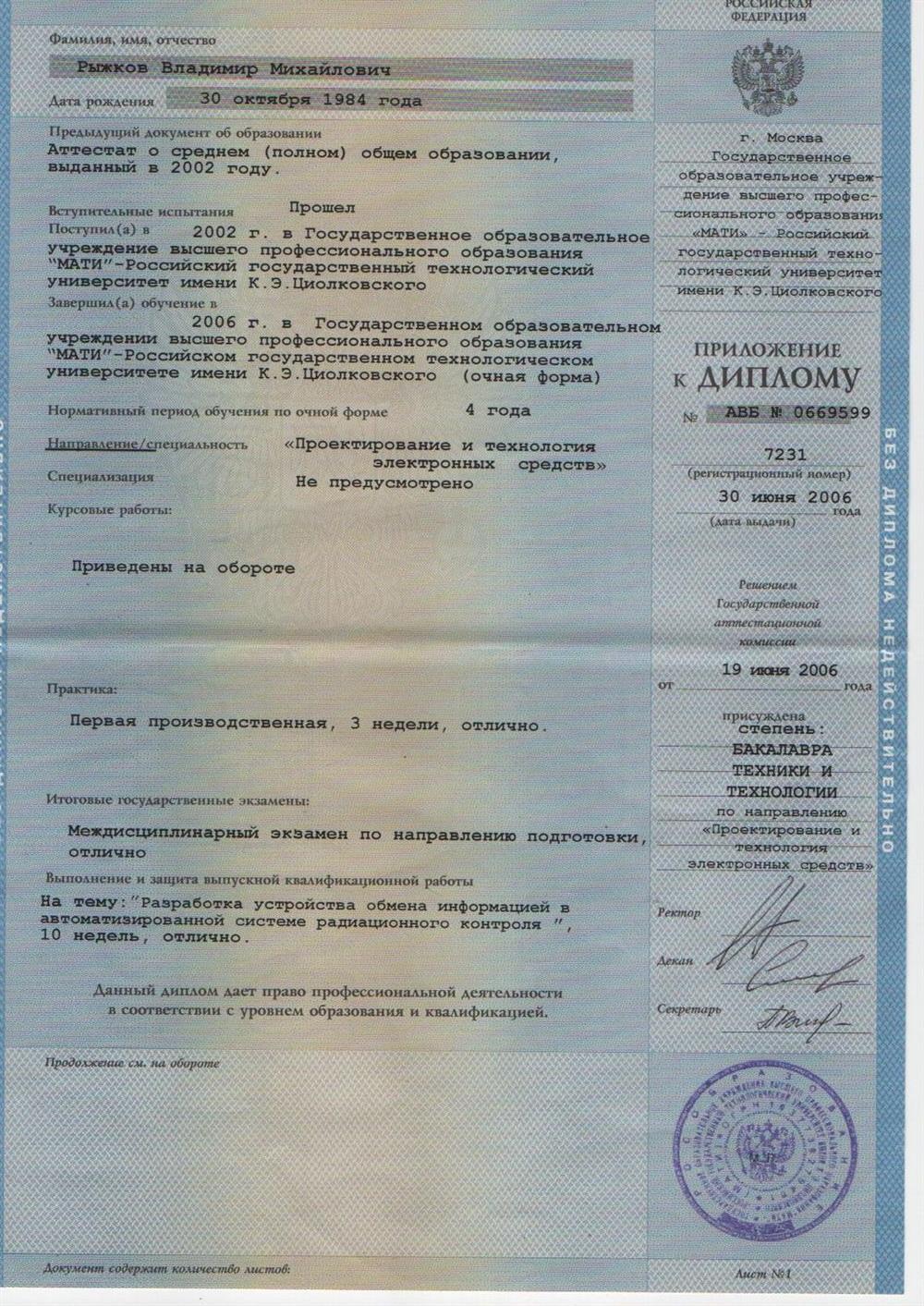 Приложение к диплому