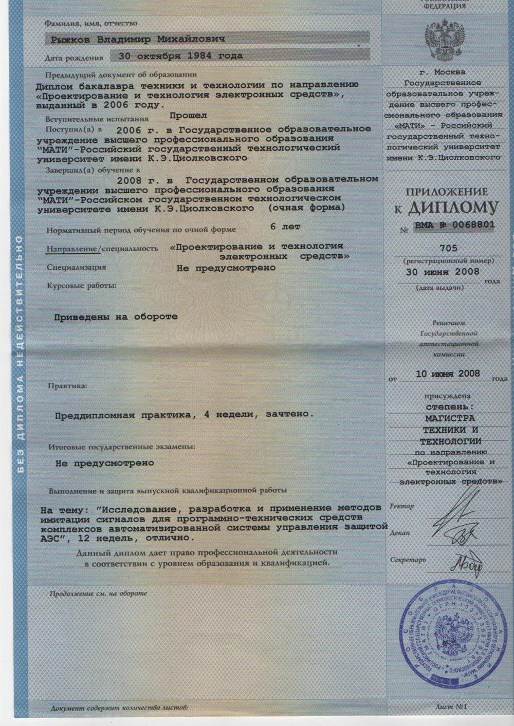 Приложение к диплому