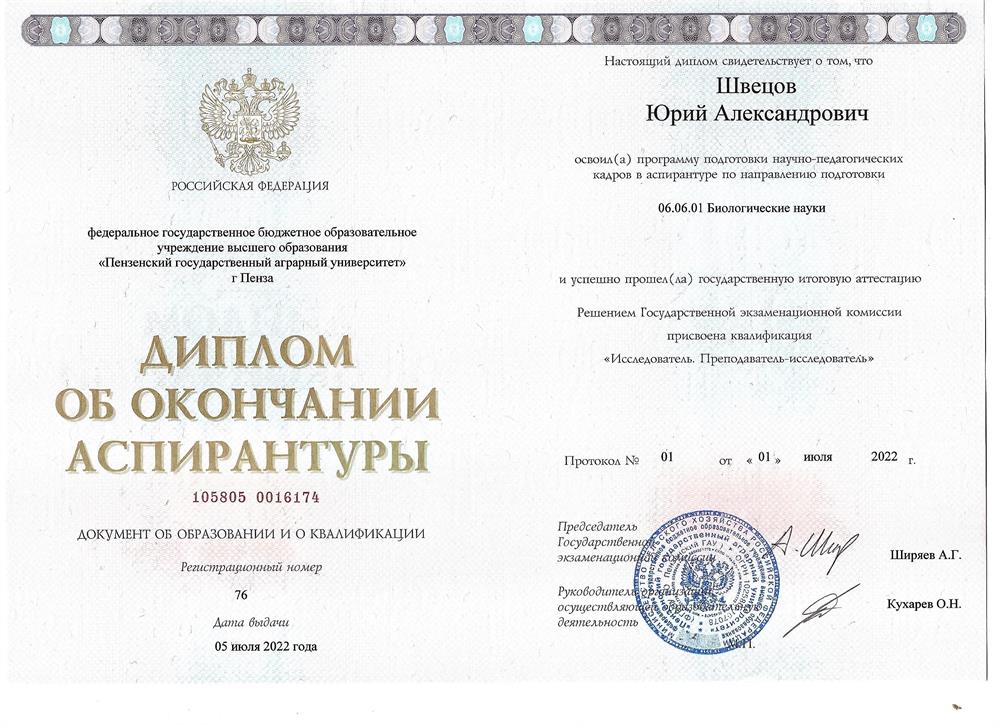 Диплом об окончании аспирантуры по специальности исследователь, преподаватель-исследователь.