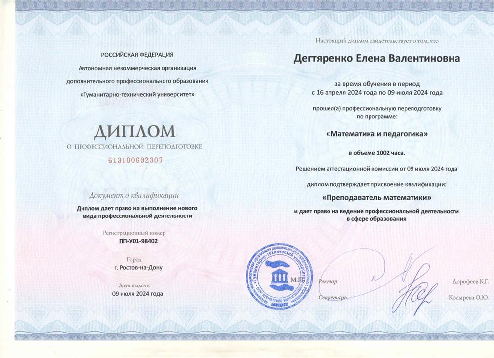 ДИПЛОМ по специальности "Преподаватель математики"