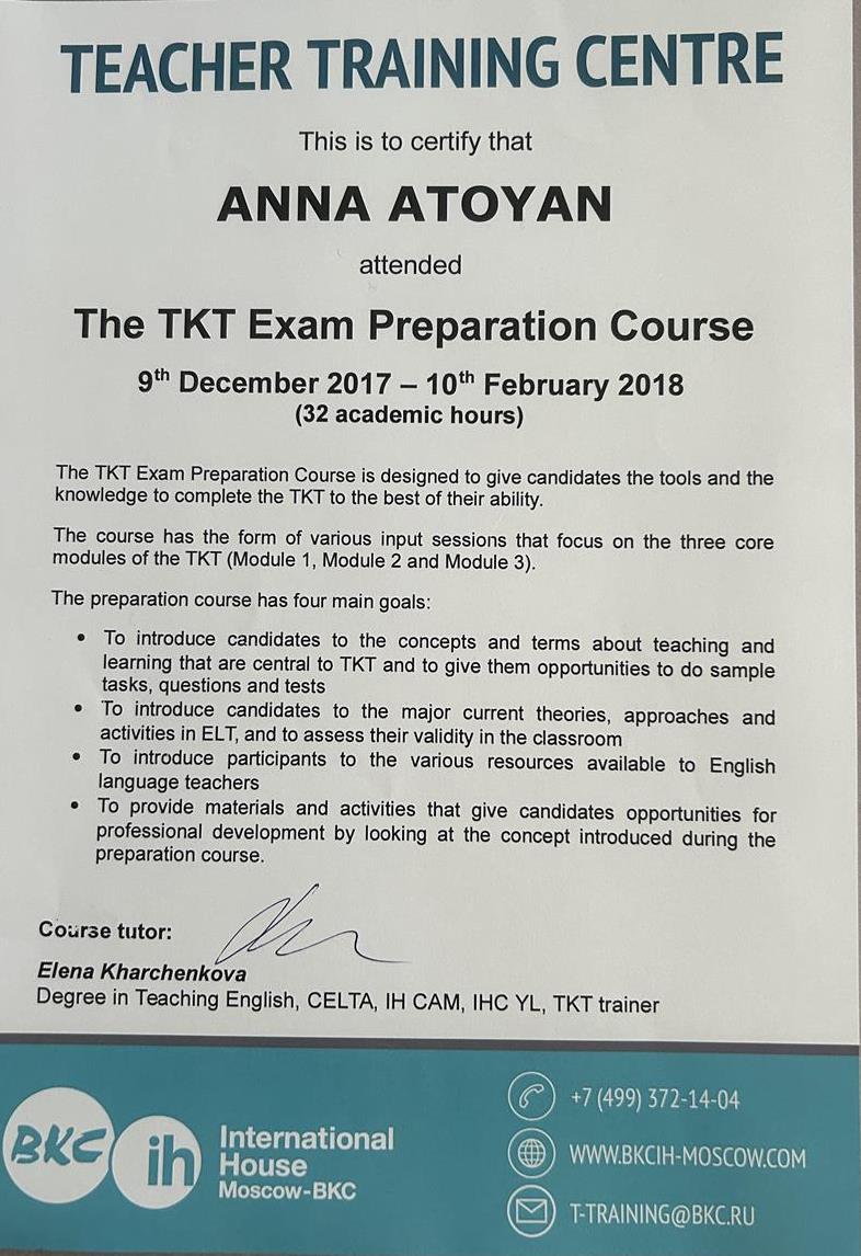 TKT exam certificate 
