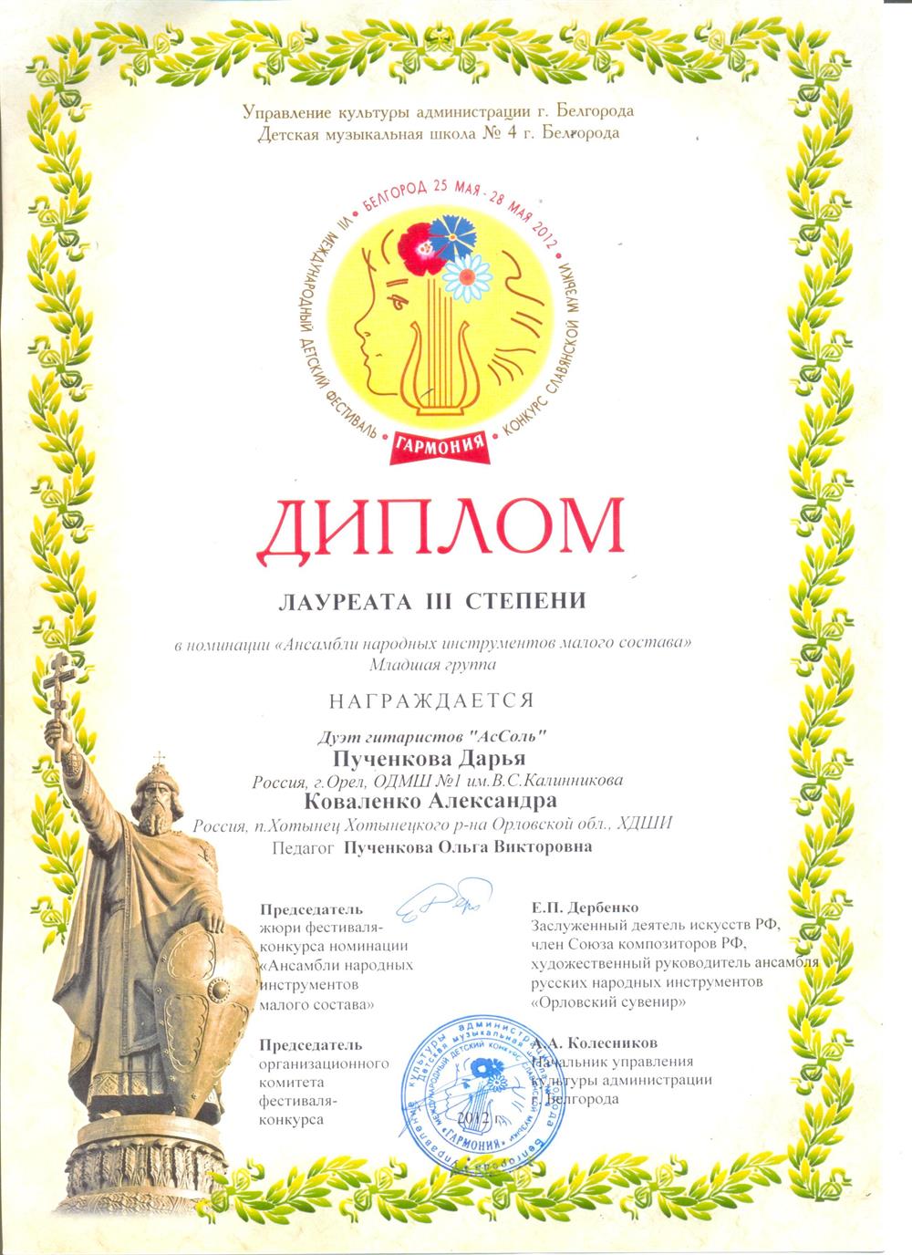 Диплом учеников - лауреатов международного конкурса