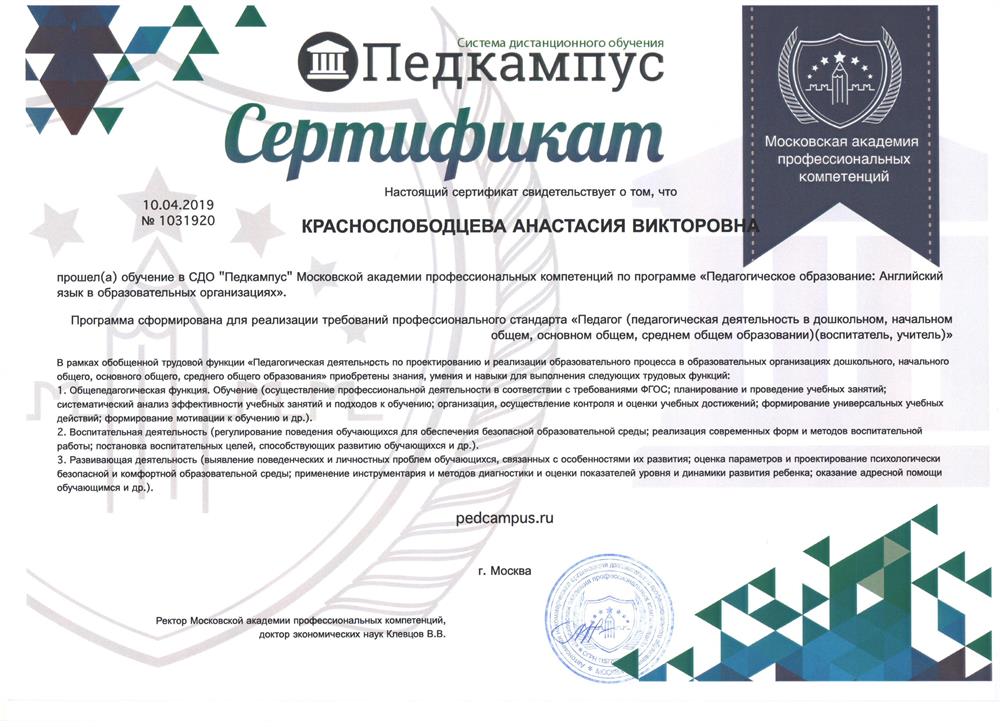 Сертификат "Педагогическое образование: Английский язык в образовательных организациях"
