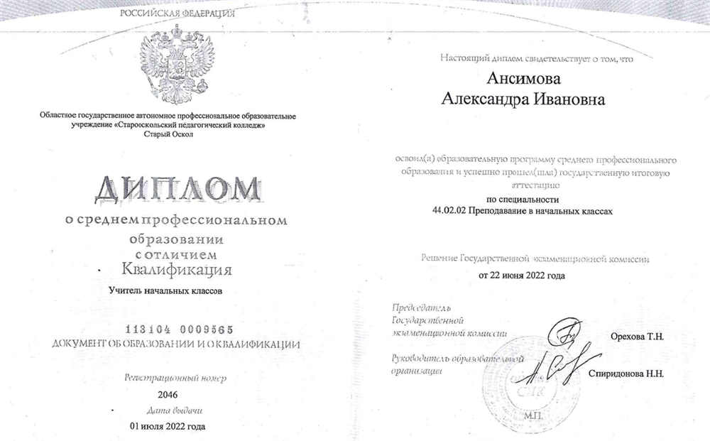 Диплом учителя начальных классов