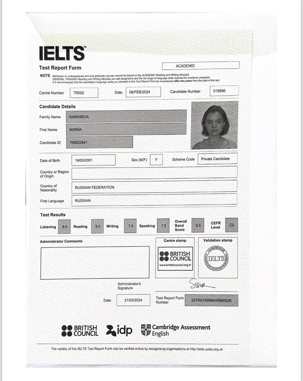 IELTS certificate
