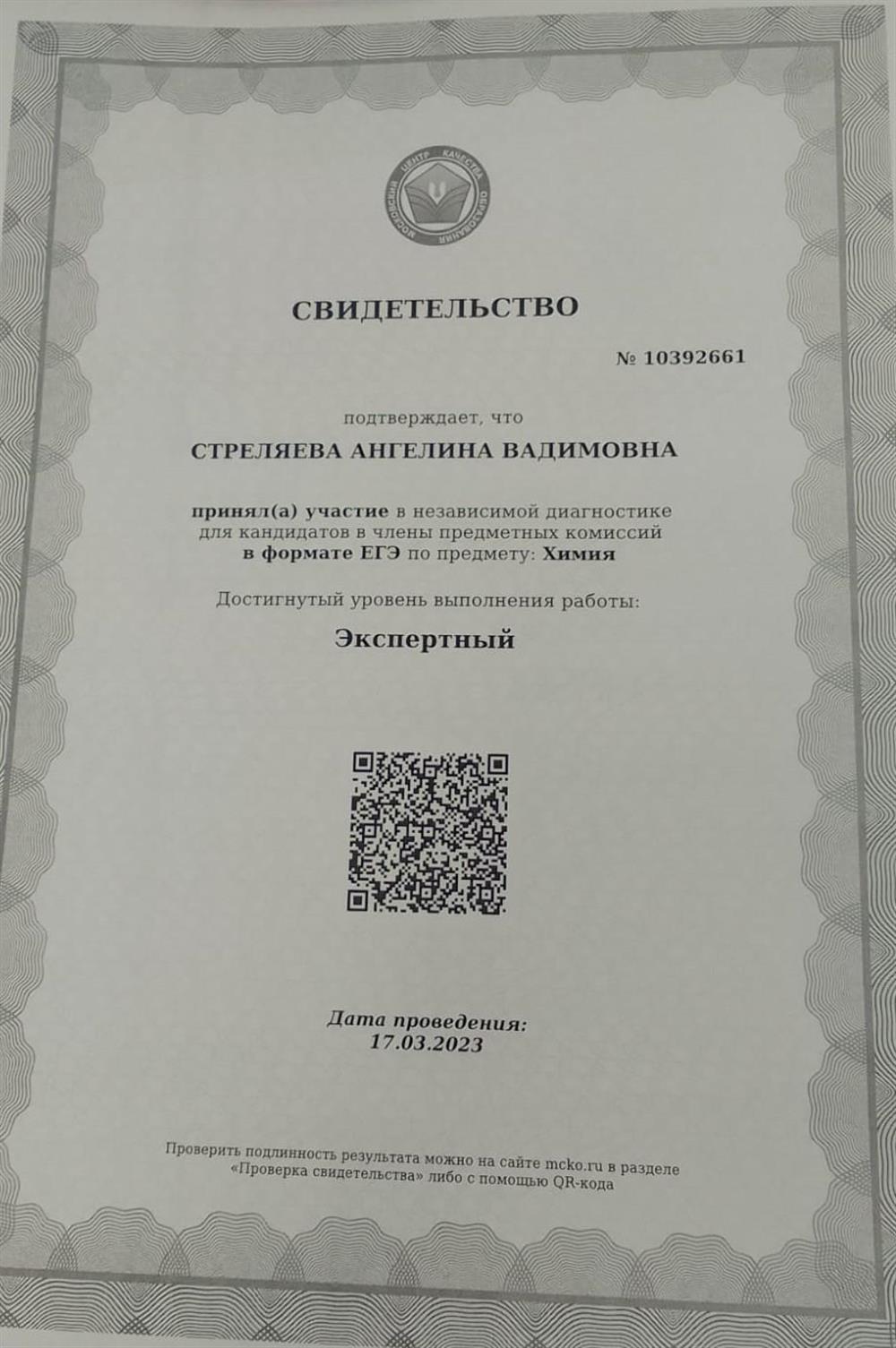 Свидетельство. Эксперт по химии