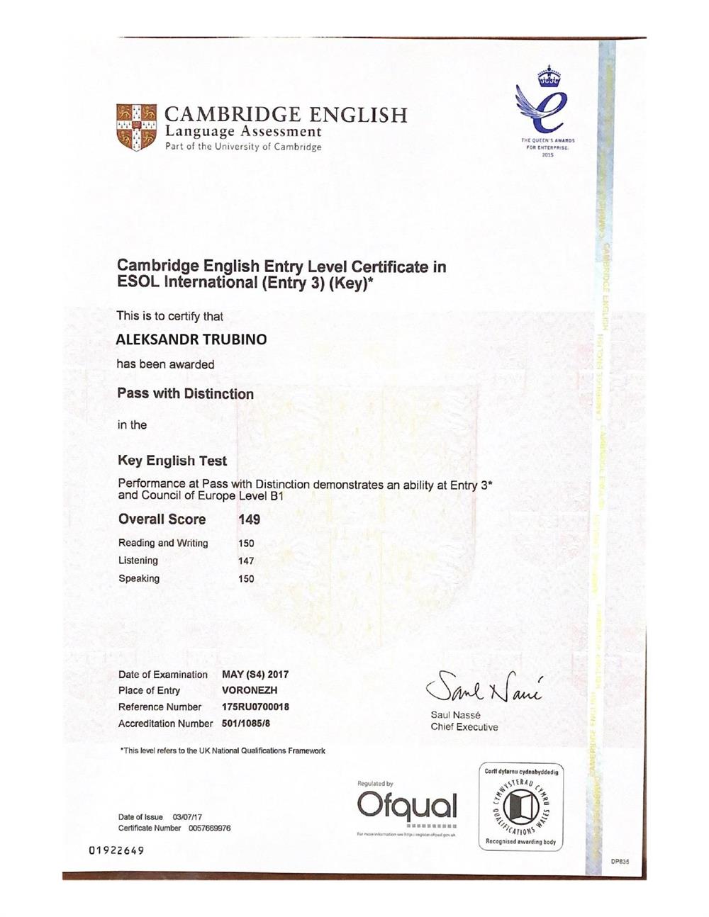 Cambridge English Entry Level Certificate in ESOL International (Entry 3) (Key)