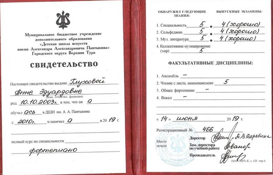 Свидетельство ДШИ им. А. А. Пантыкина