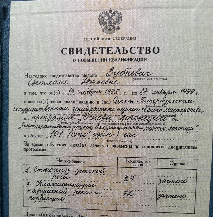 Свидетельство о повышении квалификации