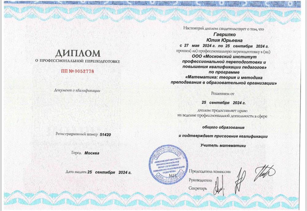 Диплом о профессиональной переподготовке 