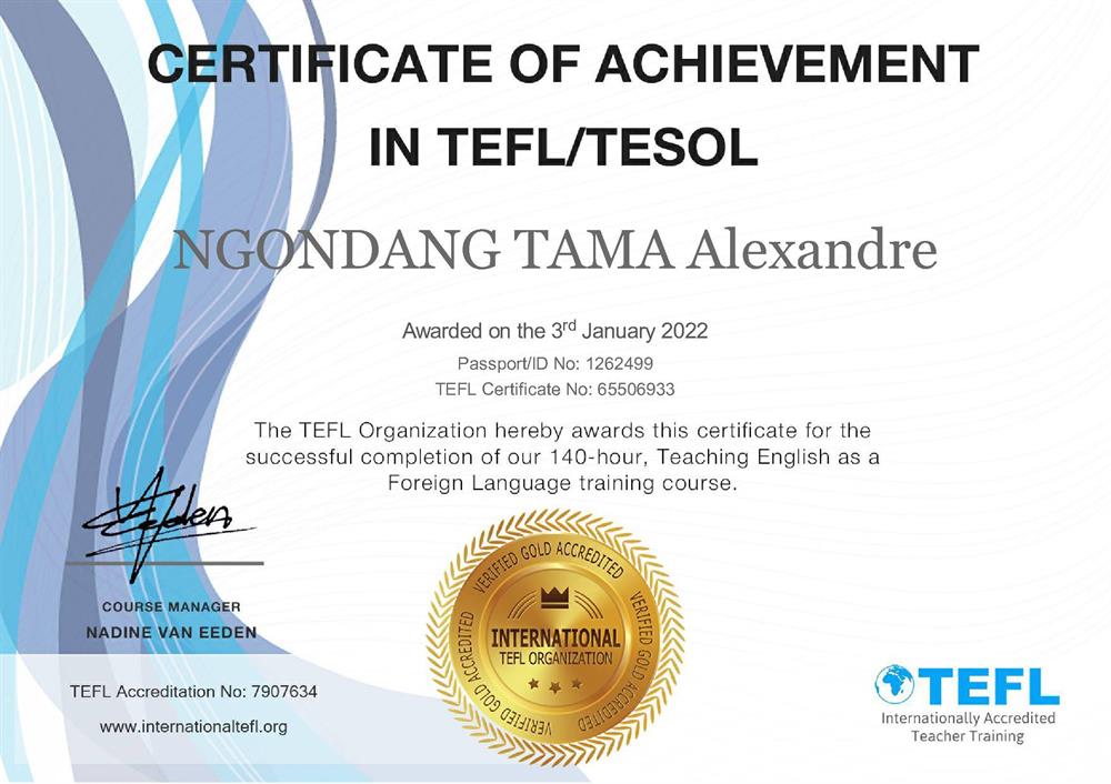 TEFL/TESOL Certificate.