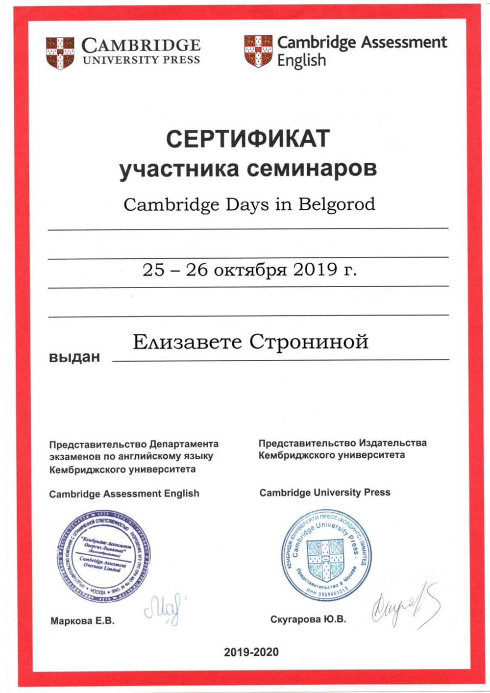 Сертификат Методический семинар Департамента экзаменов по английскому языку Кембриджского университета