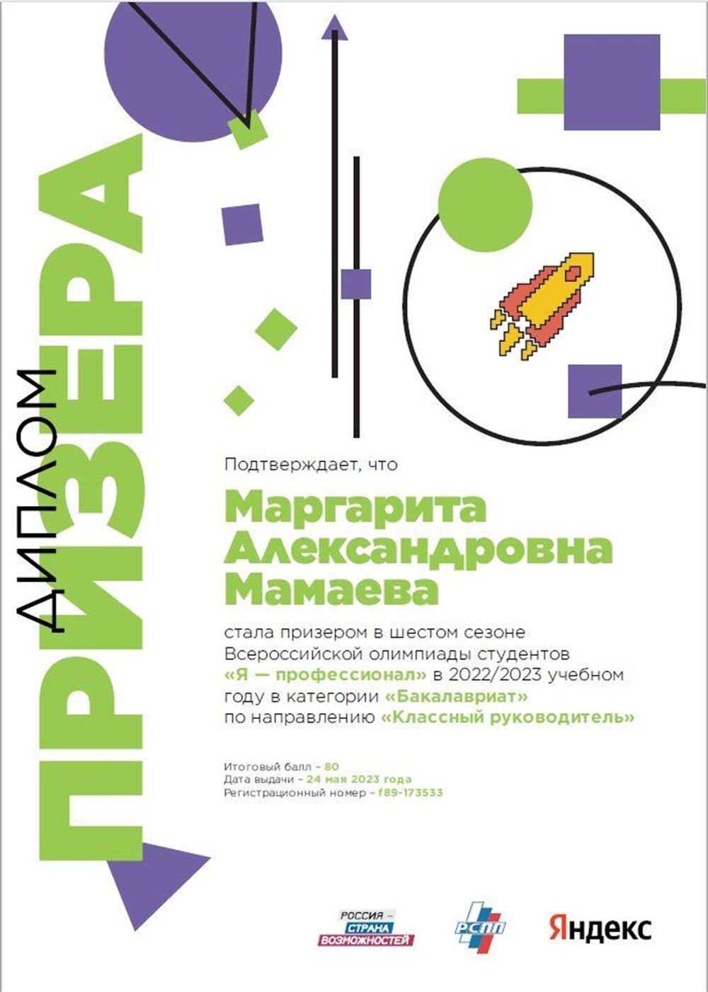 Диплом Призера олимпиады "Я-Профессионал".