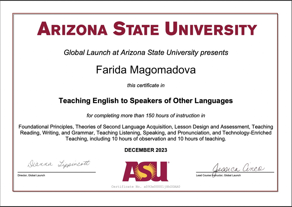 Сертификат. "Teaching English for Speakers of Other Languages"