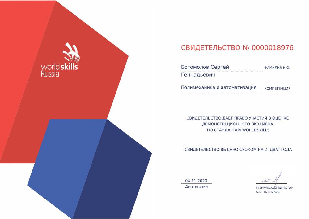 Свидетельство Worldskills Полимеханика и автоматизация