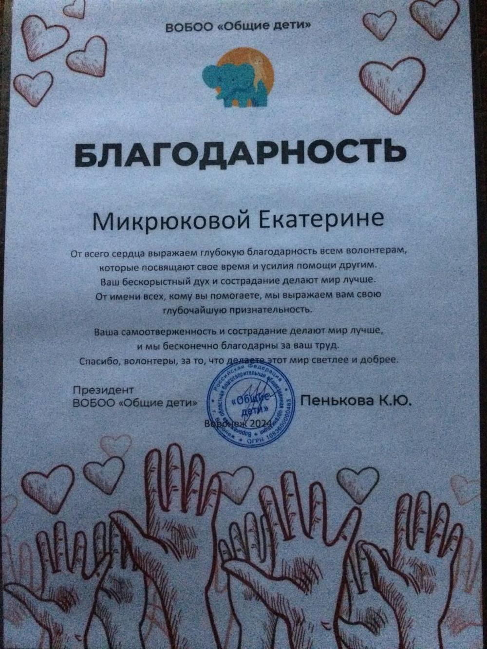 Благодарность за участие в волонтерском движении