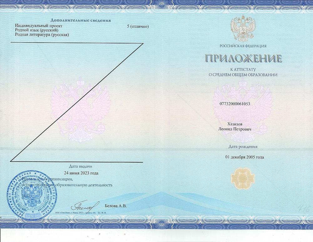 Диплом об окончании школы.