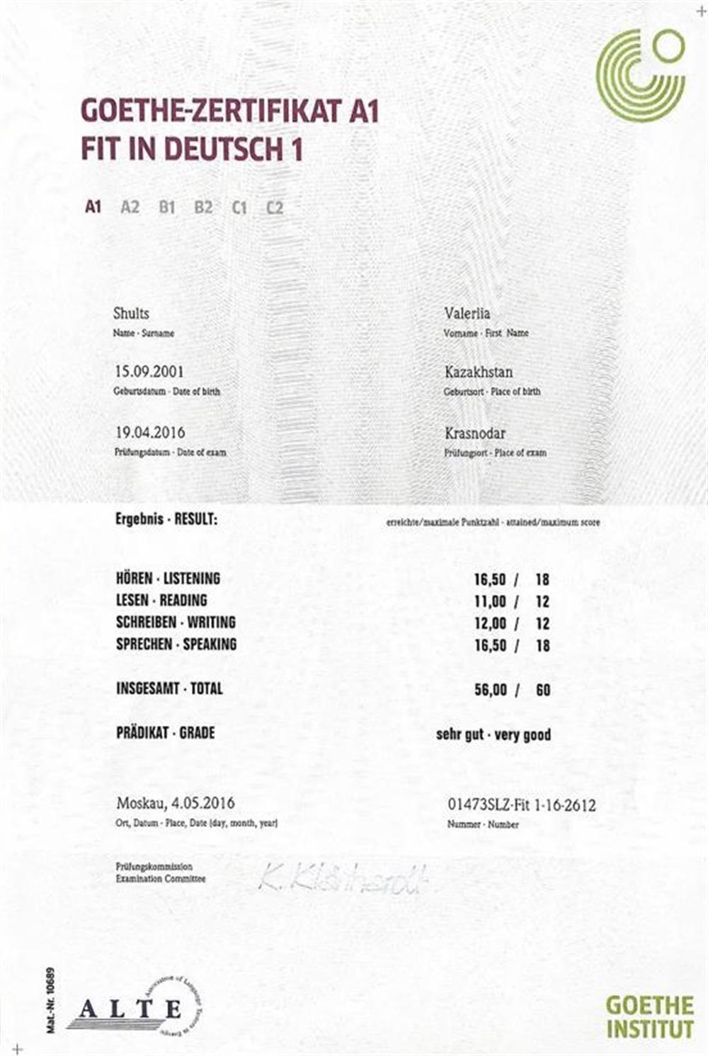 Сертификат. Goethe Zertifikat A1