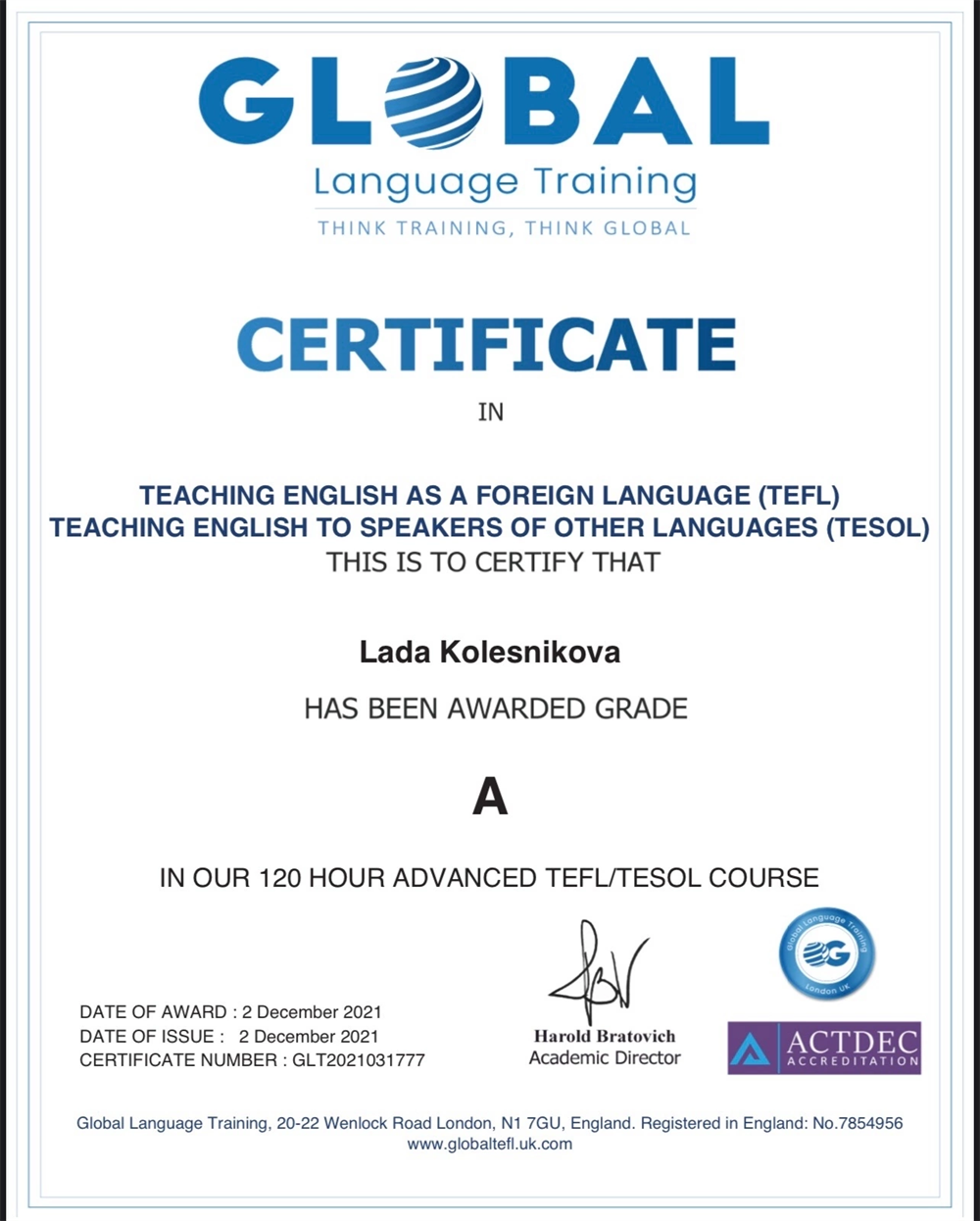 Сертификат Tefl/tesol