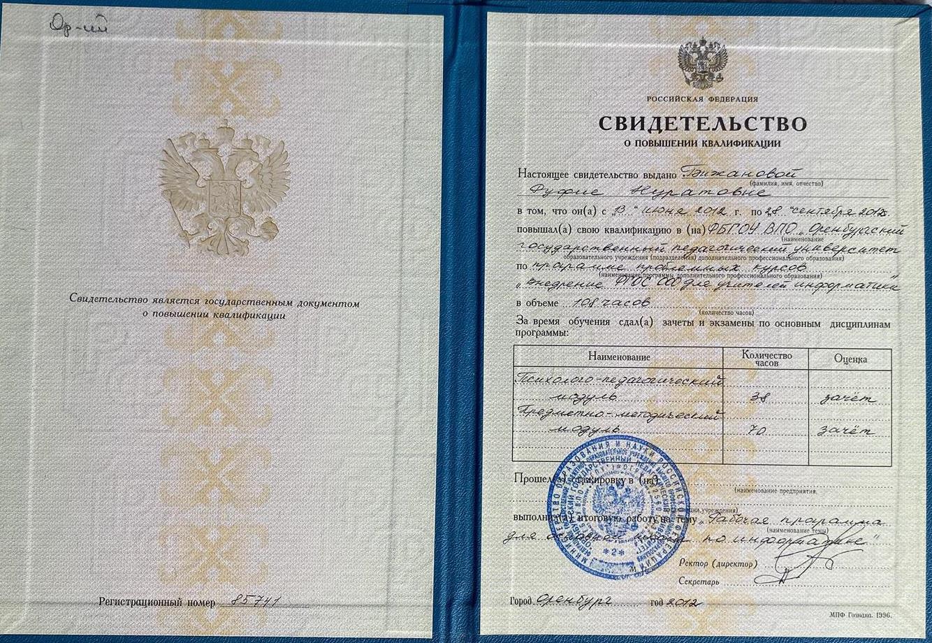 Свидетельство. Повышение квалификации 