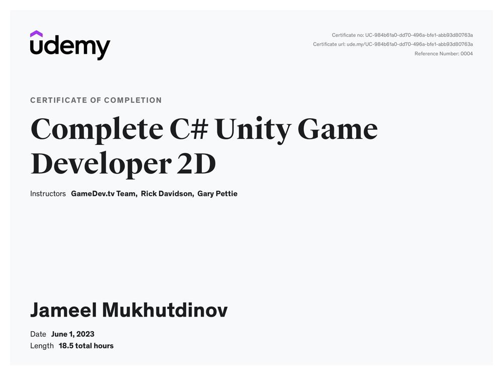 Сертификат Complete C# Unity Game Developer 2D