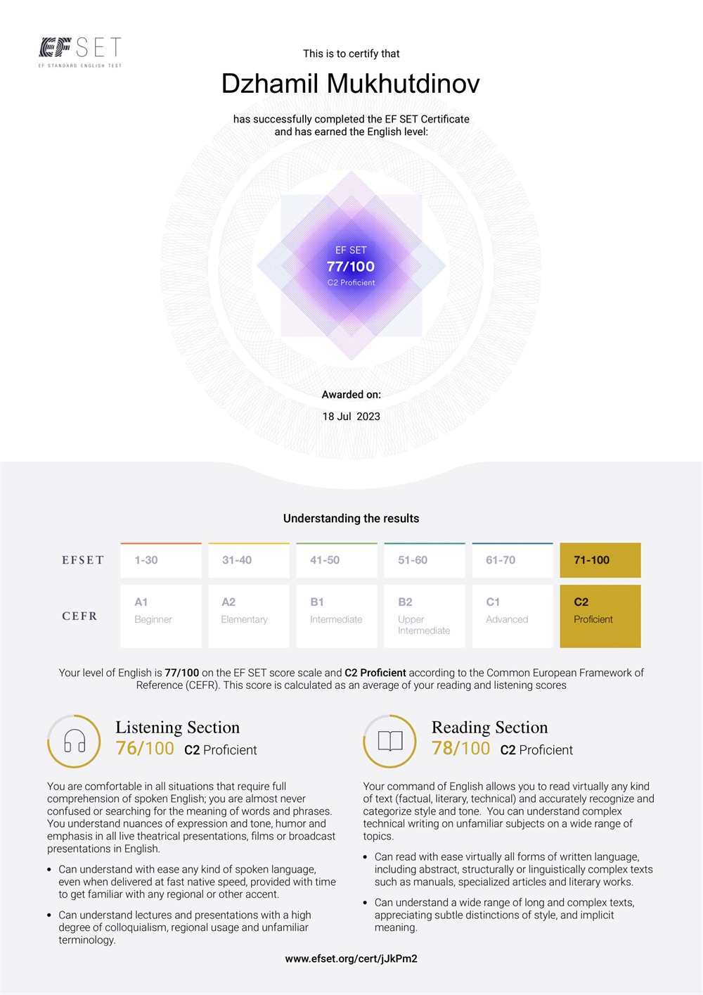 Сертификат EF SET, Уровень владения Английским языком -  C2 Proficient
