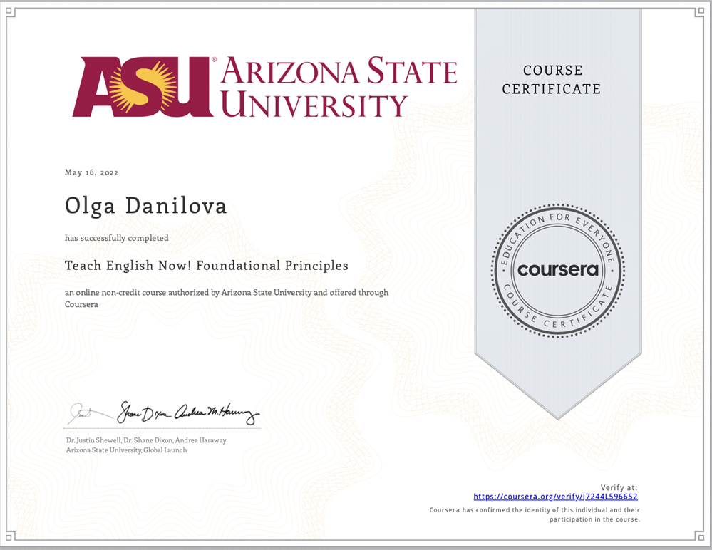 Сертификат курса TESOL