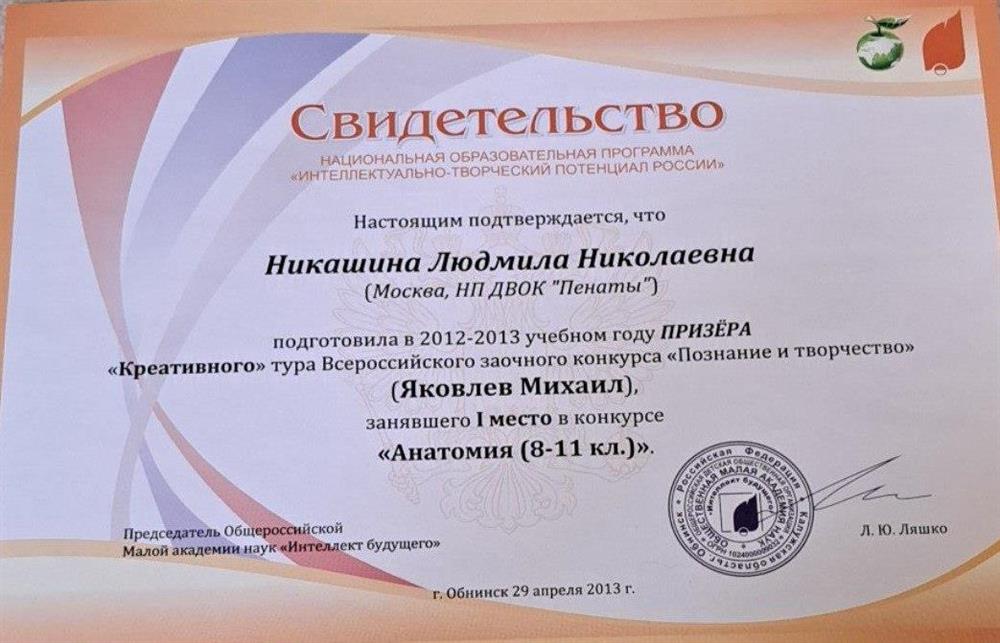 Свидетельство за подготовку призера.